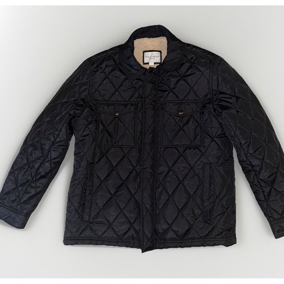 Cole Haan Diamond Quilt Jacket Mens Large Faux‎ Sherpa Lining Black $250 - Picture 1 of 8
